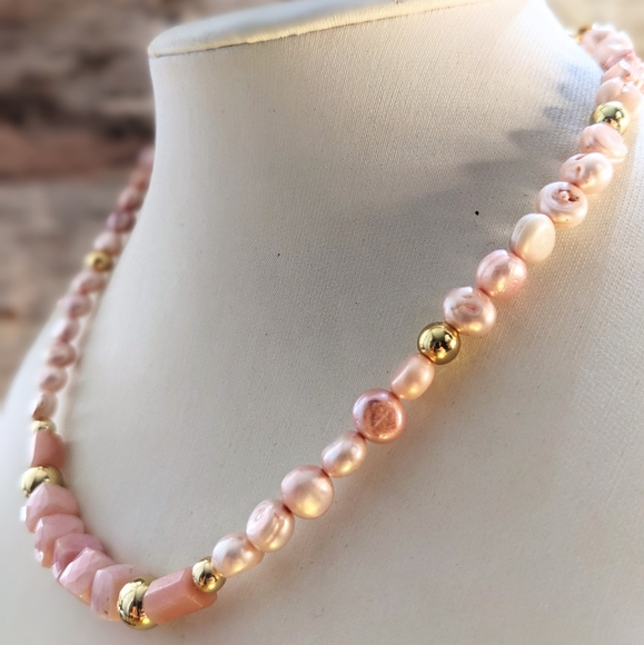 Natural Pink Opal Stones With Pink Freshwater Pearls Necklace And Bracelet - Picture 3 of 9